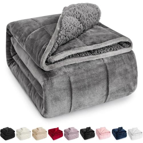 Wemore Sherpa Fleece Weighted Blanket for Adult, 15 lbs Dual Sided Cozy Fluffy Heavy Blanket, Ultra Fuzzy Throw Blanket with Soft Plush Flannel Top, 48 x 72 inches, Grey on Both Sides