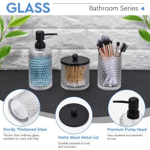 Bathroom Accessory Set,4 Pcs Clear Glass Bathroom Accessories Set-Lotion Soap Dispenser,Toothbrush Holder,Qtip Holder Dispenser & Resin Vanity Tray,Countertop Vanity Organizer,Crystal Clear