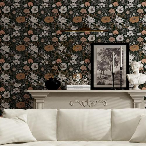 Vintage Floral Peel and Stick Wallpaper Dark Boho Botanical Removable Wallpaper for Renters Thick Waterproof Self Adhesive for Bedroom Bathroom Contact Paper for Home Decor (Black&Golden,15.7x118)