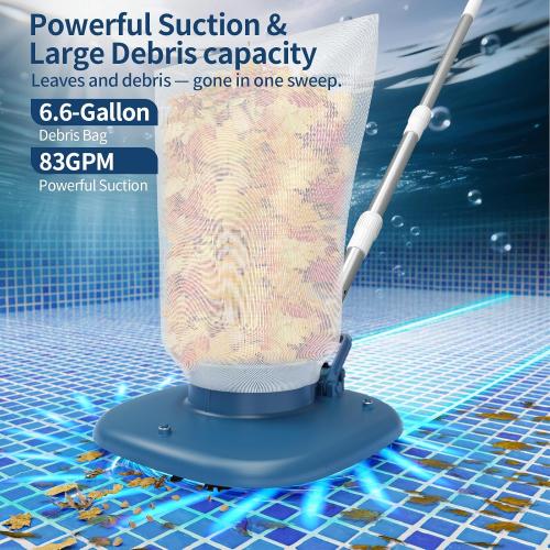 Pool Leaf Vacuum with Telescopic Pole – 83GPM Cordless Rechargeable Pool Vacuum for Inground & Above Ground Pools, Spa & Hot Tub – 6.6Gal Leaf Catcher Bag, Ideal for Heavy Debris Areas