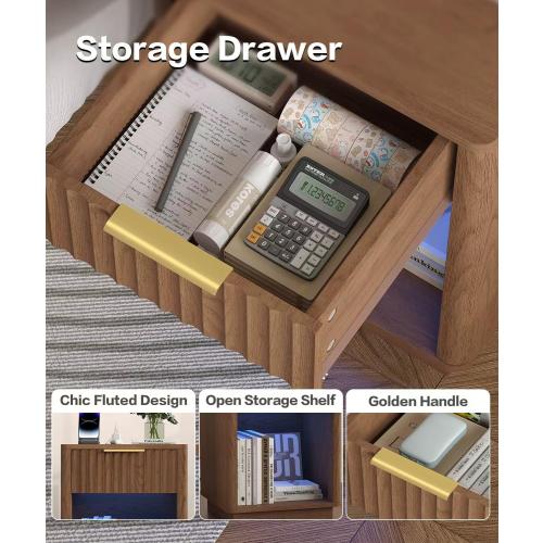 Akxomel Fluted Nightstand, Wooden Night Stand with Charging Station and LED Light, Modern Mid Century End Table with Drawer, 15 D x 15.7 W x 22.6 H, for Bedroom, Walnut