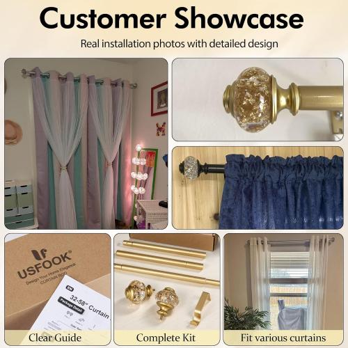 USFOOK Silver Curtain Rods for Windows 32 to 58, Decorative Drapery Rod