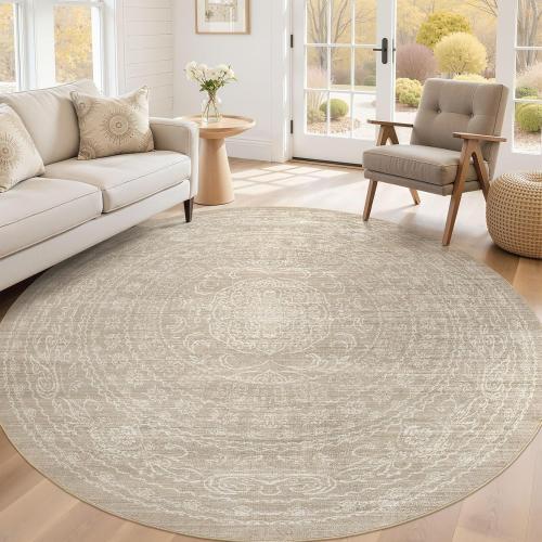 Large Round Rug Living Room: Washable Large Vintage Rug Neutral Non-Slip Soft Stain Resistant Indoor Carpet for Bedroom Nursery Dining Room Under Table Bed Home House Office Playroom - Brown