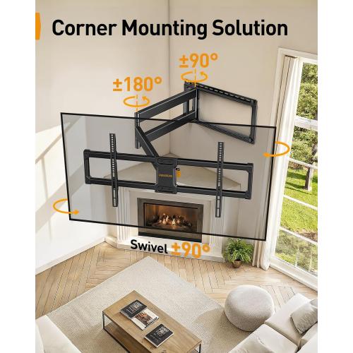 Black 42-90 Perlegear Long Arm Full Motion TV Wall Mount for 42–90 Inch TVs up to 150 lbs, 40″ Long Extension, Pre-Assembled Corner TV Mount with Full Swivel, Tilt, Fits 8″/12″/16″/24″ Studs, Max VESA 800x400mm