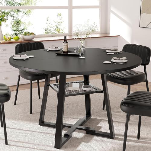 YUUIJOAA Round Dining Table for 2-4 People,42 Inch Dining Room Table,Modern Circle Kitchen Table with Storage Shelf and Metal Legs for Dining Room,Kitchen,Black (Table Only)