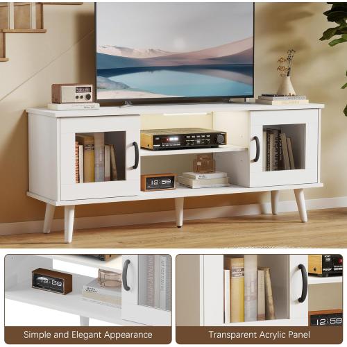 Wood TV Stand for TV, Mid Century Modern Entertainment Center with Adjustable Shelf, Sensor LED Light, 2 Cabinets, TV Media Console for Living Room Bedroom White