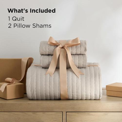 Bedsure Quilts Queen Size - Queen Quilt Bedding Set Bedspread Coverlet Comforter, Lightweight Neutral Striped Bedding, 3-Piece Set with 90x96 Coverlet & 2 Pillow Shams, All-Season Soft Microfiber