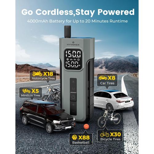 Tire Inflator Portable Air Compressor, 1 Min Fast Inflation Cordless Bike Pump with Digital Pressure Gauge LED Light, 150 PSI Electric Air Pump for Car Tires, Bicycle, Motorcycle, Ball (Grey)