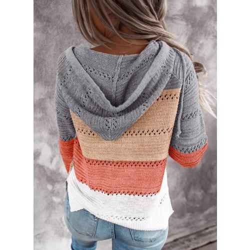 Size Small Color Striped BLENCOT Women Color Block Hooded Crochet Striped Sweaters Lightweight Drawstring Hoodies Pullover Trendy Sweatshirts