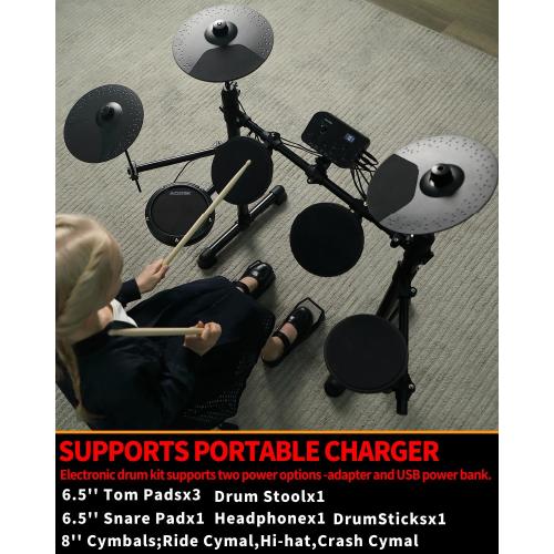 AODSK Electric Drum Set for Beginner Kids with 150 Sounds,4 Quiet Drum Pads,2 Pedal,Throne,Sticks,Electronic Drum with Headphone,AED-400