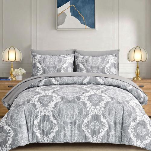 Grey Comforter  Damask Texture Gray Bed in a Bag Microfiber Boho Comforter