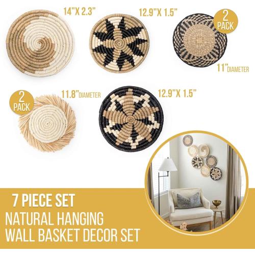 Hanging Woven Wall Basket Set - 7 Unique Handcrafted Seagrass Baskets for Boho, Farmhouse & Rustic Wall Decor, Table Settings & More - Ready to Hang with Nails & Marking Pencil Included