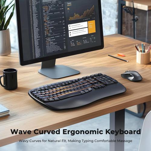 Black MEETION New Ergonomic Keyboard and Mouse Wireless Combo, Wave Keys Natural Typing, 2.4G Wireless Keyboard with Wrist Rest, 4 Adjustable DPI Optical Mouse, Computer/Laptop/Windows/Mac, Black