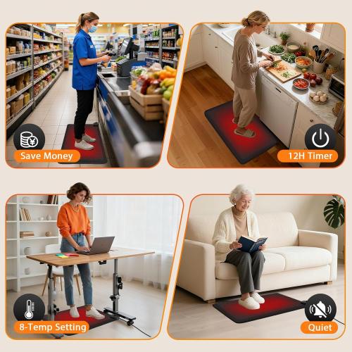 Heated Anti-Fatigue Floor Mat Under Desk - Heated Standing Mat Cushioned with Foot Warmer 17.7x30,8 Levels Temp & 12H Timer, 1.2 Thick Comfort Foam Heating Pad for Kitchen,Office,Home,Durable
