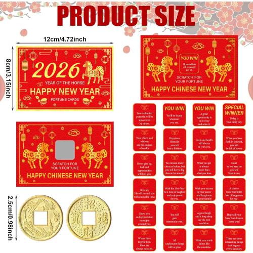 50 Counts Chinese Lunar New Year 2026 Scratch Off Fortune Cards with 50 Fortune Coins 2026 Year of The Horse Party Games Spring Festival Party Supplies for Presents Gifts Decorations(Horse)