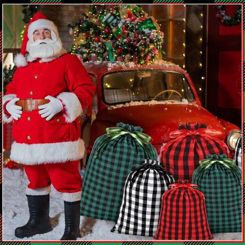 Zhengmy 30 Pcs Christmas Cotton Plaid Large Size Drawstring Bags Storage Sack Present Stocking Storage Cotton Buffalo Plaid Christmas Drawstring Bag for Xmas Gift Party Favors(Normal)