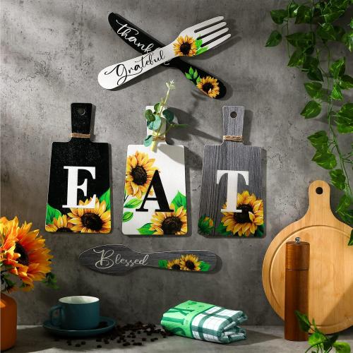 Bucherry Sunflower Kitchen Wall Decor Sets, 6 Wooden Eat Signs Decor