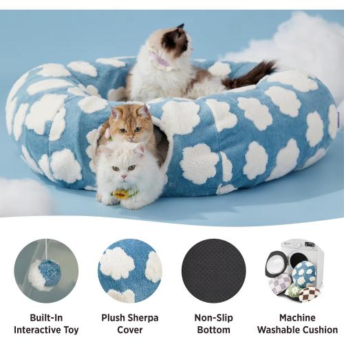 Lesure Large Cat Tunnel Bed - Cute Donut Bed for Indoor Cats with Washable Circle Cushion, Round Pet Peekaboo Cave Toy for Multi Kitten/Puppy/Rabbit, Large Cozy Clouds Blue