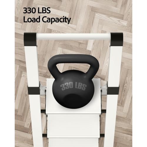 Taranta 3 Step Ladder, Lightweight Aluminum Step Stool with Convenient Handgrip, Folding Ladder with Anti-Slip Pedals, 330lbs Capacity Stepladder for Home, Office, Kitchen - White