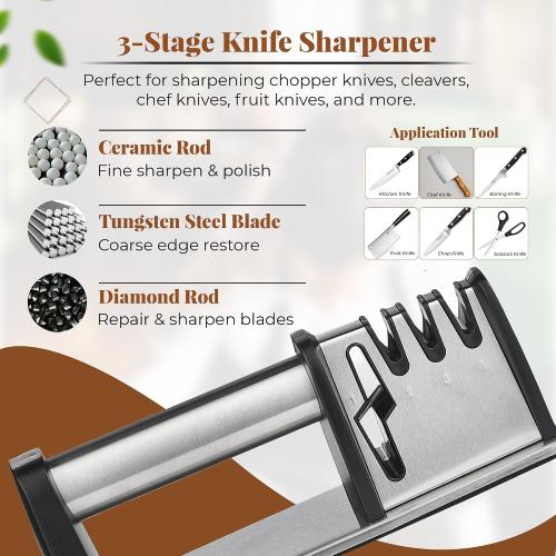 4-in-1 Manual Knife & Scissor Sharpener — 4-Stage Sharpening System with Cut-Resistant Glove | Restores Dull Blades Fast | Non-Slip Base | Silver | Large, 1 Pc