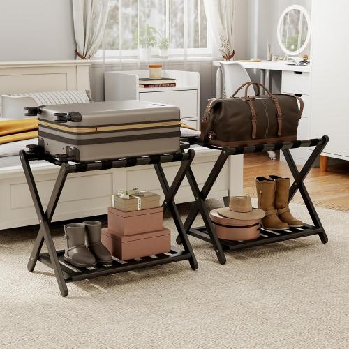 2 Pack Fully Assembled Black Luggage Racks, Bamboo 26.77 Folding Suitcase Stand for Guest Room with 5 Nylon Straps, Heavy Duty, Upgraded Luggage Rack Holder with Shelf for Bedroom Hotel