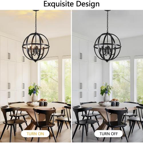 Black Orb Chandelier 6-Light, 17.12'' Small Metal Industrial Globe Pendant Light, Adjustable Hanging Ceiling Light Fixtures, Ceiling Chandelier Light for Kitchen, Dining Room, Foyer