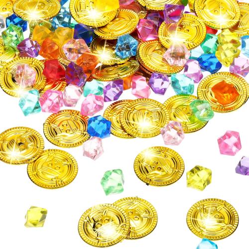 Hanaive 100 Pcs Plastic Pirate Gold Coins Acrylic Colored Gems Fake Gems Buried Treasure Pirate Party Decorations for Halloween Adventure Themed Event Birthday Party Props Decor (Retro Style,Gold)