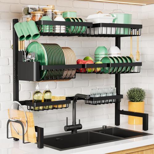 Kitsure Over The Sink Dish Drying Rack - 31.5 to 39.4 x 30.3, Adjustable Sink Drying Rack for Kitchen Sink with Multifunctional Baskets, Black