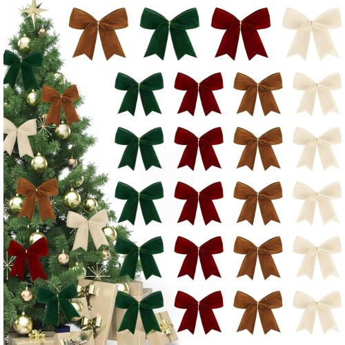 24 Pcs Velvet Bows for Christmas Tree, 6 Inch Rustic Vintage Velvet Christmas Ribbon Bows Ornaments for Xmas Tree Garland Wreaths DIY Crafts Gifts Wrapping Holiday Home Party Decorations