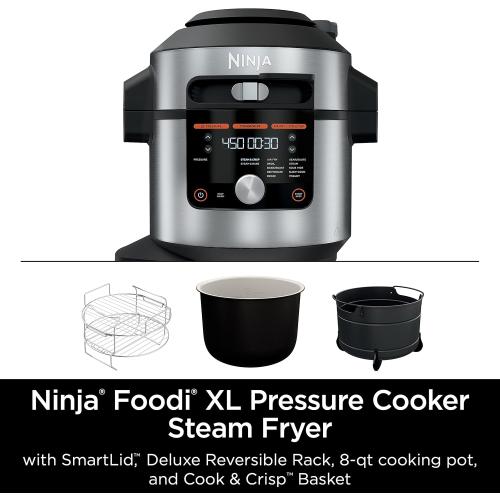 Ninja OL601 Foodi XL 8 Qt. Pressure Cooker Steam Fryer with SmartLid, 14-in-1 that Air Fries, Bakes & More, with 3-Layer Capacity, 5 Qt. Crisp Basket & 45 Recipes, Silver/Black
