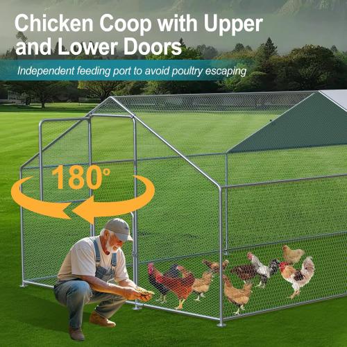 Silver 10ft x 20ft Large Chicken Coop, Chicken Coops for 30 Chickens, Chicken Runs for Yard with Water Poof & UV Resistance Cover, Spire Roof Chicken Coop Run with Double Lockable Doors for Outdoor Backyard