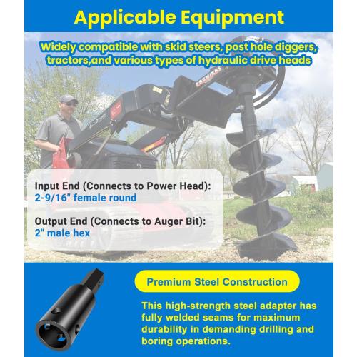 Heavy Duty Auger Adapter 2-9/16 Female Round to 2 Male Hex for Augers, Skid Steers, Tractors, Post Hole Diggers