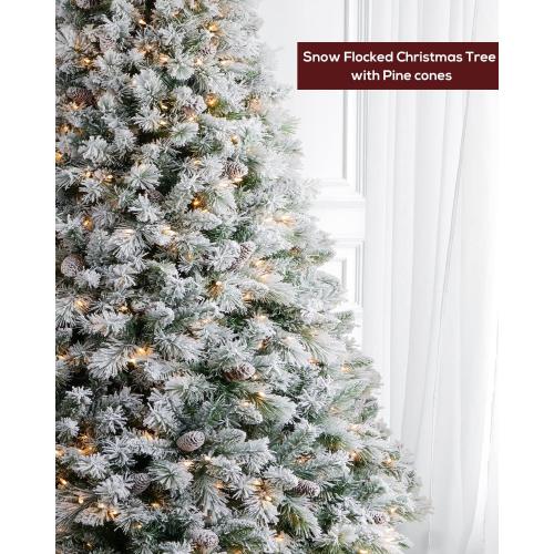 Pre-Lit Christmas Tree 6ft Snow Flocked, Artificial Spruce, 350 Clear Lights, Feel Real Hinged Xmas Trees