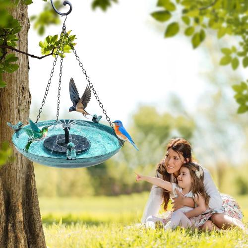 Size 14.9 Color Blue  Hanging Solar Bird Bath Fountain, 14.9inch Diameter Durable Green Metal Bird Bath Bowl with Solar Powered Pump & 4 Water Spray Nozzles for Outdoor Garden Backyard Patio Lawn