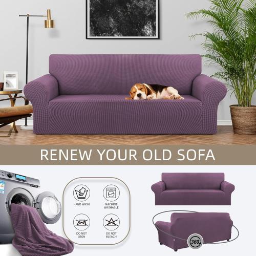 KEKUOU Stretch Sofa Cover Slipcover ，Couch Covers for 3 Cushion Couch Sofa pet Friendly (78-94) Furniture Protector Sofa with Elastic Bottom for Kids,Dog, Jacquard Small Checked(Large,Dark Purple)