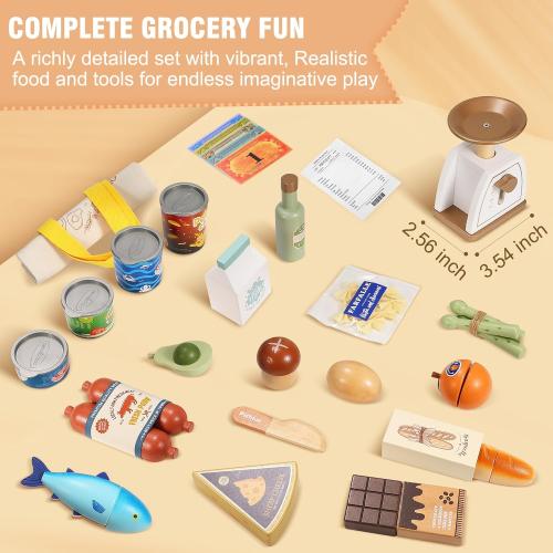 Pithfor Wooden Play Food Set for Kids Toddlers, Grocery Store Pretend Play Food, Pretend Grocery Shopping & Play Kitchen Accessories for Boys Girls