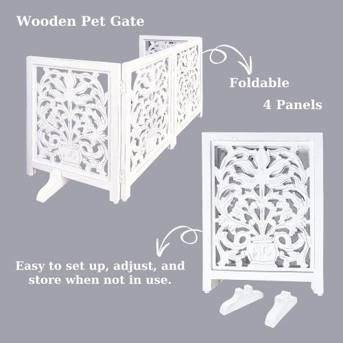 Goroly Home Foldable Carved Wooden Dog Gate with Stopper - Freestanding Indoor Pet Barrier for Home, Adjustable Dog Fence for Stairs, Doorways & Hallways - 24x18 Inch Antique White (4 Panels)