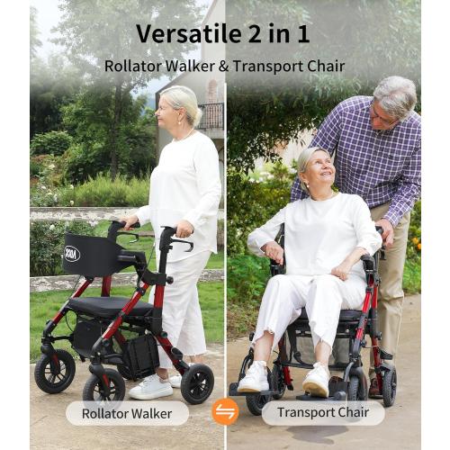 VOCIC Z51 Walker for Seniors, 2 in 1 Walker Wheelchair Combo, All Terrain | Foldable Rollator Transport Chair for Adults, Converts to Wheelchair with Detachable Footrests, Brakes&Pouch, Red