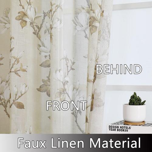 SMILE WEAVER Nature Yellow Sheer Curtains 54 inch Length for Living Room,Light Filtering Curtain 2 Panels,Voile Linen Textured Semi Sheer Floral Curtains for Bedroom/Kitchen Window Drapes