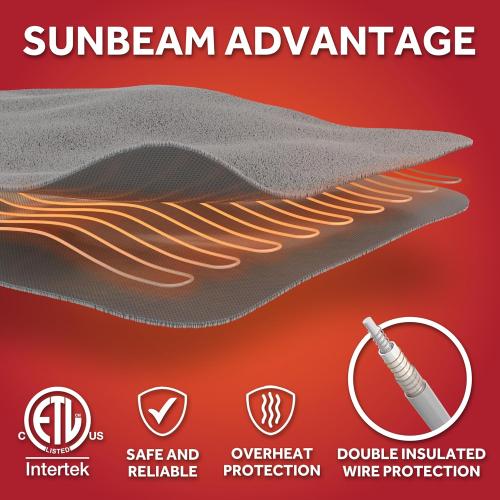 Sunbeam Electric Royal Luxe Microplush Heated Blanket, 12 Heat Settings, 12-Hour Auto Shut-Off, Fast Heating, Warm & Cozy, Machine Washable, Mushroom Color, Twin (84 x 62)