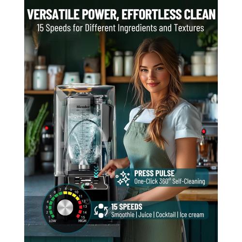 WantJoin Professional Commercial Blender With Shield Quiet Sound Enclosure 2200W Industries Strong and Quiet Professional-Grade Power, Self-Cleaning, Black