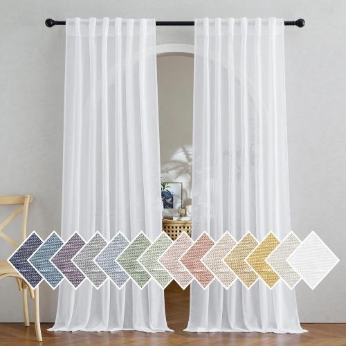 NICETOWN Semi Sheer White Curtains 84 inch Long, Rod Pocket & Back Tab Sheer Linen Curtains & Drapes Balance Privacy & Light Panels for Bedroom/Living Room, W52 x L84, 2 Panels