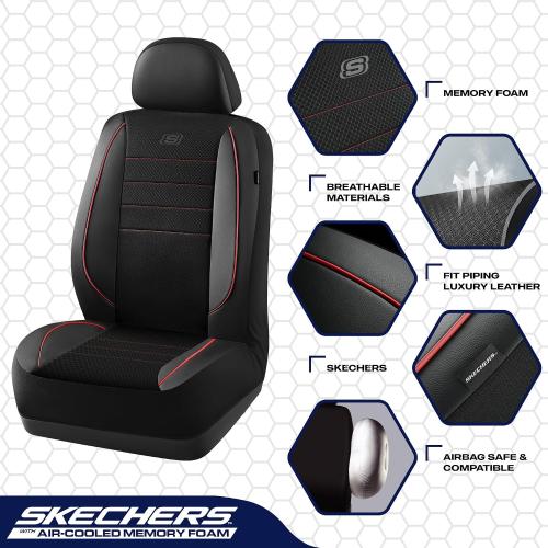 Color Black and red Skechers Air-Cooled Memory Foam Seat Covers,Mesh Thick Car Seat Covers,Piping Leather Car Seat Cover Full Set,Airbag Compatible,Automotive Comfort Universal Fit Most Cars,Vans,Trucks,SUV,Red