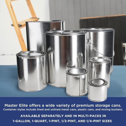 Master Elite 1 Gallon Unlined Empty Metal Paint Can Bucket with Lids, Bail Handles, Pack of 4 - Triple Tight Seal, 128 fl. oz. Steel Coating Storage Container Tin - Store Leftover Oil-Based Paint Auto