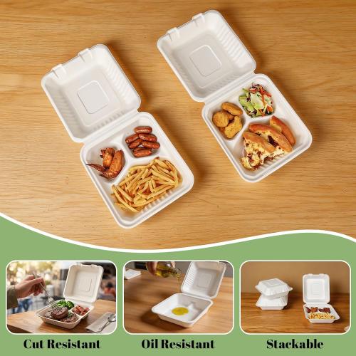 Lucklot 100 Pack 8×9 Inch 3-Compartment Compostable Bagasse Food Containers
