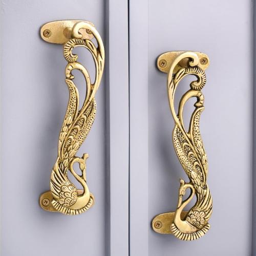 Indian Shelf 1 Pair Peacock Decorative Door Handles Interior Vintage Door Pulls Antique Brass Cabinet Pulls Unique Gold Cabinet Handles- 7.4