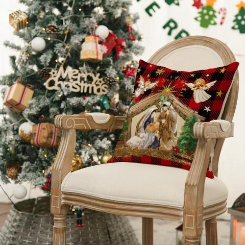 AVOIN colorlife Christmas O Holy Night Jesus Cardinal Buffalo Plaid Throw Pillow Covers, 18 x 18 Inch Christmas Saying Winter Holiday Cushion Case Decoration for Sofa Couch Set of 4