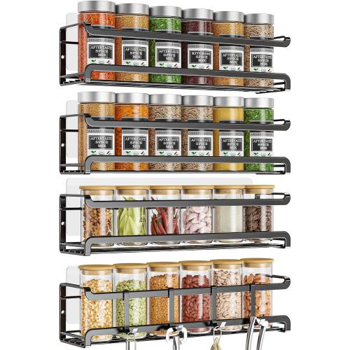 Bunoxea Spice Rack Wall Mounted 4 Pack, Black,For Spice Jars & Seasonings | 4 Removalble Hooks,Screw or Adhesive Hanging, Space-Saving,For Kitchen Cabinet, Pantry Door,Stove,RV Use,11.41x2.75x2.75in