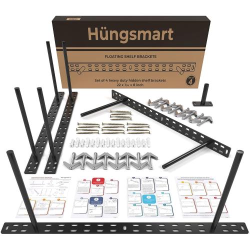 Hungsmart- 4 x 22 inch Heavy Duty Floating Shelf Bracket - Long Wall Shelves Support, Hidden Floating Shelf Hardware, Black Shelf Brackets, Perfect for Kitchen/Nursery/TV Wall Shelf Decor (8 inch rod)