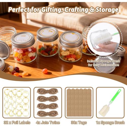 STARSIDE 8oz Glass Mason Jars 30-Pack with Airtight Split Lids and Bands